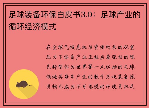 足球装备环保白皮书3.0：足球产业的循环经济模式